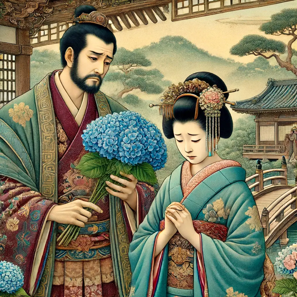 Cesarz i hortensje (ajisai) - japońskie legendy o kwiatach z okresu Heian. Artykuł o historii, znaczeniu i symbolice hortensji (kwiatu Ajisai) w japońskiej kulturze i sztuce.