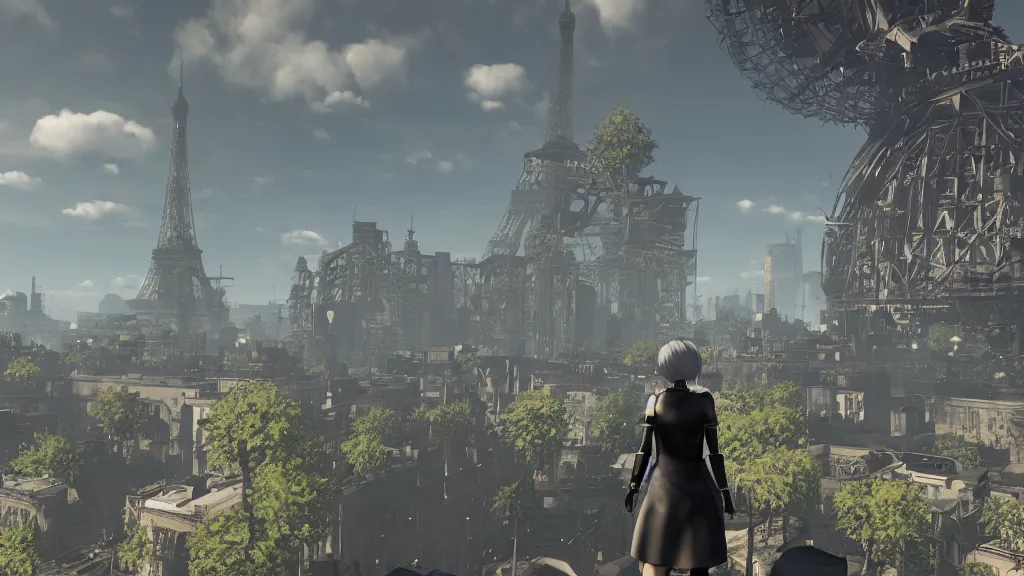 2B i pejzaż zniszczonego miasta w NieR: Automata Artykuł rozważający filozoficzne implikacje japońskiej gry video NieR: Automata - nihilizm, egzystencjalizm, nietascheanizm - jakie pytania i jakie odpowiedzi daje NieR Automata?