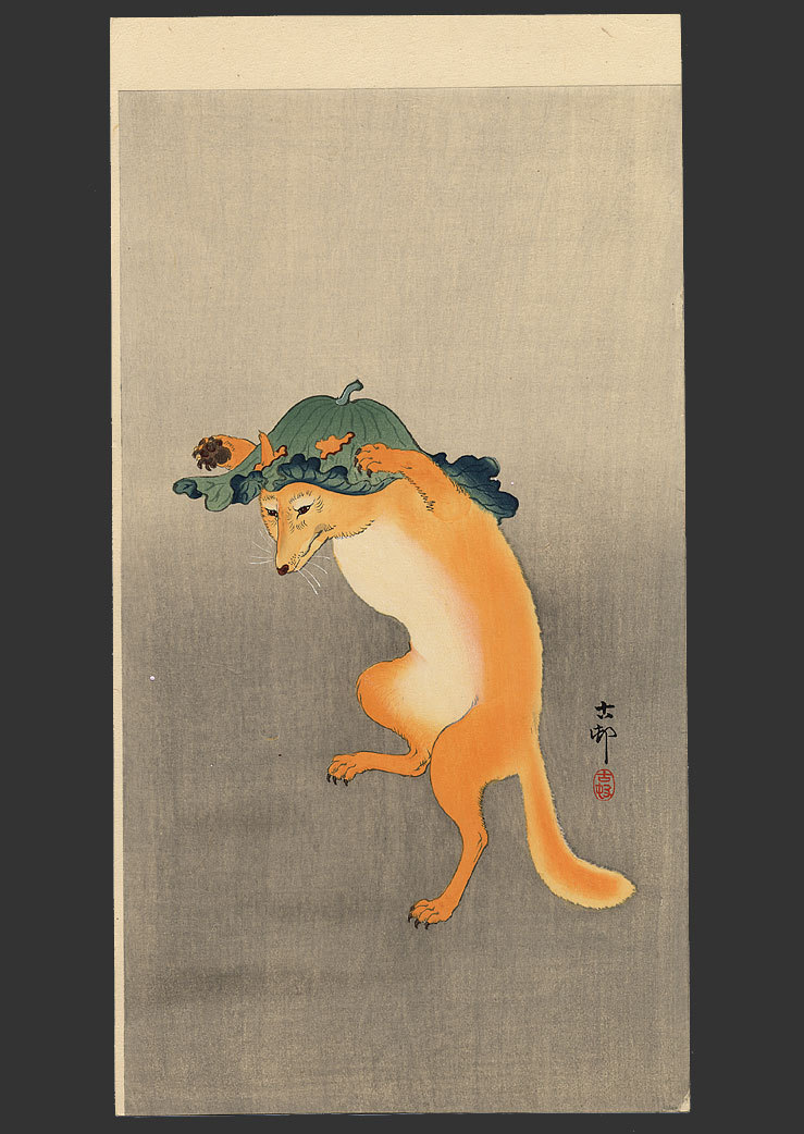 Japoński obraz ukiyo-e przedstawiający liska kitsune. Artykuł o mitologicznym lisie Kitsune z japońskiego folkloru i wierzeń shinto oraz legenda Legenda Tamamo no Mae.
