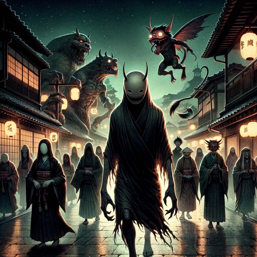 The night of Hyakki Yagyo is when oni, youkai, tengu go out on the street in Japan. Essay about Hyakki Yagyo - Japanese mythological event of a Hundred Demons Parade, when youkais, tengu, oni and other demons walk the streets. Japanese mythology in culture, manga and anime.