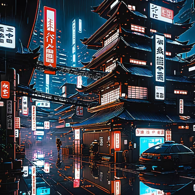 Japan-style CyberPunk - grafika. Historia Japonii - wszystkie ery (Jidai) po kolei - od Jomon, przez Asuka, Ashikaga, Edo, Meiji, Taisho i Showa aż po współczesne Heisei i Reiwa. Historia Japonii - starożytność Japonii, średniowiecze samurajów, epoka przemysłowa i ukiyo-e aż, 2-ga wojna światowa aż po współczesne katastrofy demograficzne i środowiskowe.