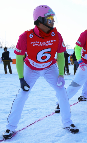 Yukigassen (Japanese sport of snowball fighting) player. Article about Japanese proffessional sport of snaball fight: Yukigassen originating from Sobetsu on Hokkaido, Japan.