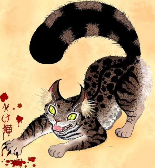Japanese drawing of a bakeneko - evil cat demon (youkai) from Japanese folklore. Essay on dark cat demons (youkais) from Japanese mythology and shintoistic beliefs - Bakeneko. Bakeneko in culture and histpory of Japan, its role in Japanese manga, anime and games.