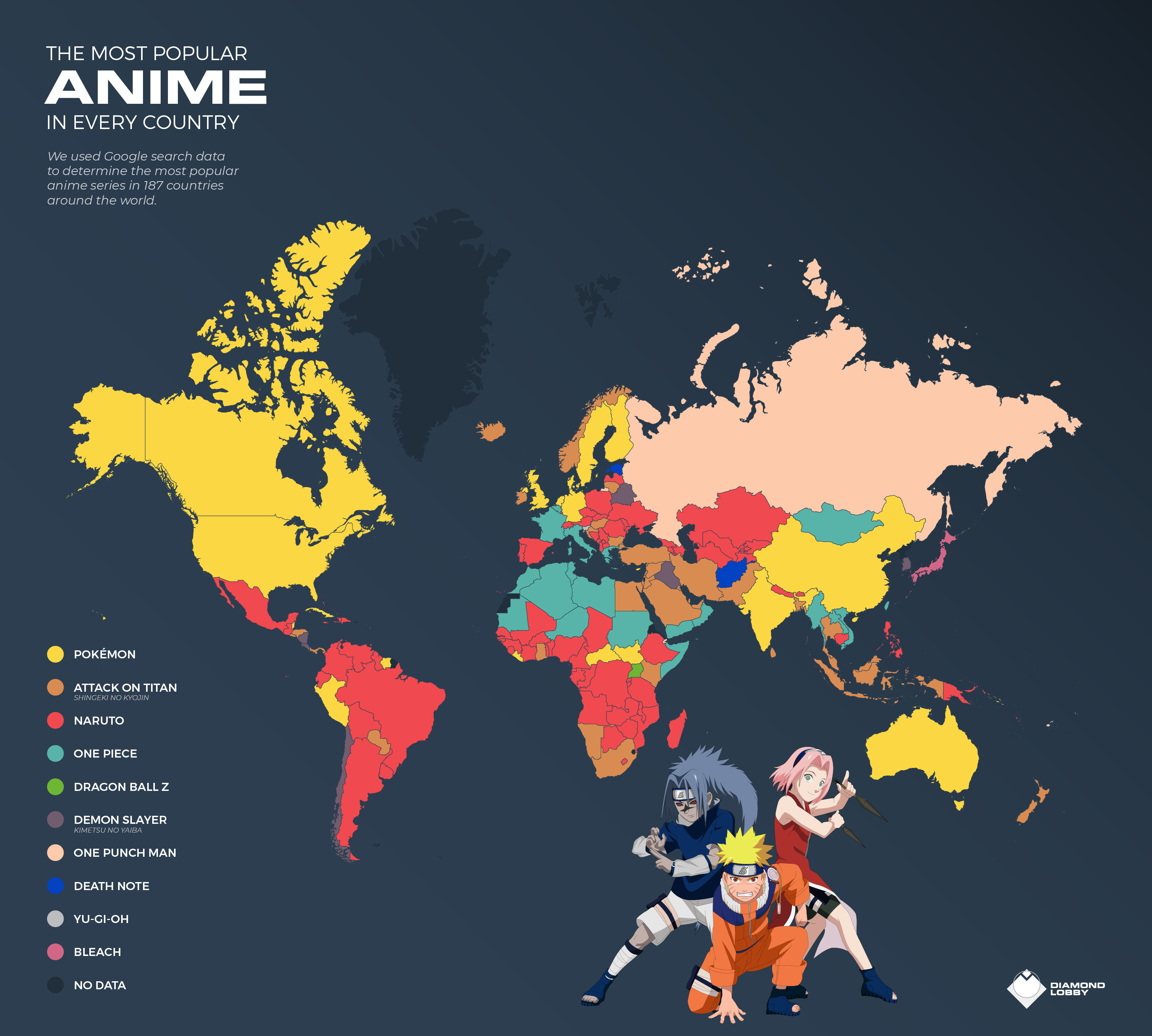 Which anime is popular in what country - world map by Diamond Lobby. 20 surprising facts about a Japanese anime and manga called Naruto. Where are the Naruto Uzamaki's googles, what was the original design of characters such as Uzamaki, Sasuke or Kakashi? What are the inspirations from Dragon Ball or manga from 1961 called Sasuke. And many more.