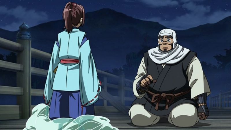 Benkei pledges loyalty to Yoshitsune Minamoto on Gojo bridge, Kyoto, Japan. The legendary fight on Gojo bridge between a young samurai Ushiwakamaru (later Yoshitsune Minamoto) and old monk-soldier (sohei) Benkei in Kamakura period. History and culture of Japan and its influence on manga and anime.