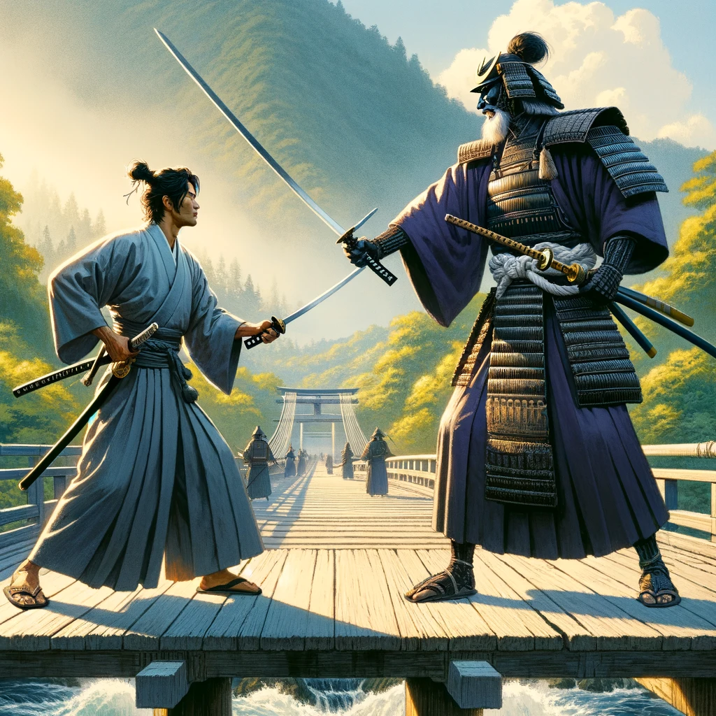 Young Ushiwakamaru fights Benkei on Gojo bridge - legends and history of Japan. The legendary fight on Gojo bridge between a young samurai Ushiwakamaru (later Yoshitsune Minamoto) and old monk-soldier (sohei) Benkei in Kamakura period. History and culture of Japan and its influence on manga and anime.