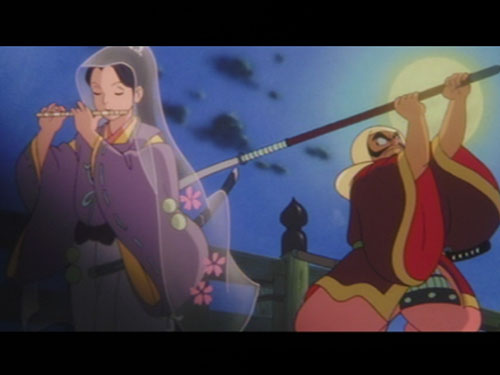 Japanese anime : Ushiwakamaru vs Benkei on Gojo bridge, Kyoto, Japan. The legendary fight on Gojo bridge between a young samurai Ushiwakamaru (later Yoshitsune Minamoto) and old monk-soldier (sohei) Benkei in Kamakura period. History and culture of Japan and its influence on manga and anime.