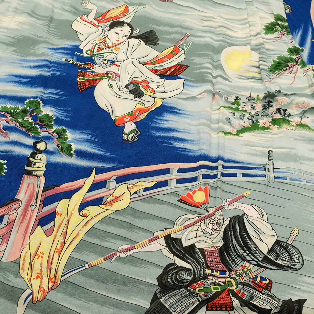 Ushiwakamaru dodges Benkei's attack on Gojo bridge, Kyoto in Japan. The legendary fight on Gojo bridge between a young samurai Ushiwakamaru (later Yoshitsune Minamoto) and old monk-soldier (sohei) Benkei in Kamakura period. History and culture of Japan and its influence on manga and anime.