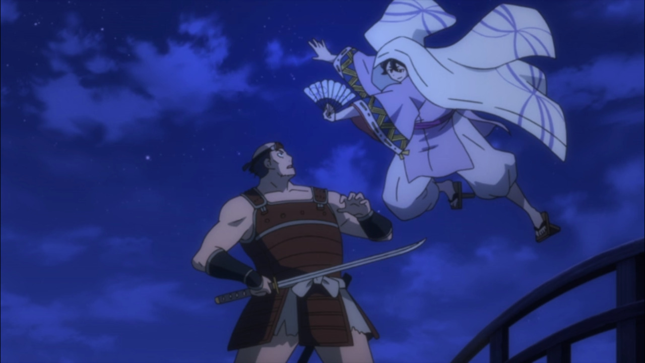 Japanese historical anime - Benkei fights Ushiwakamaru (Yoshitsune Minamoto) The legendary fight on Gojo bridge between a young samurai Ushiwakamaru (later Yoshitsune Minamoto) and old monk-soldier (sohei) Benkei in Kamakura period. History and culture of Japan and its influence on manga and anime.