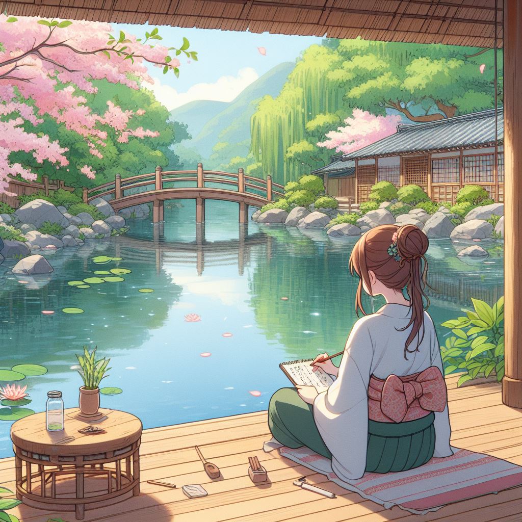 Dziewczyna pisząca poezję haiku w japońskim ogrodzie. Styl japońskiego anime. Esej o tradycyjnej poezji japońskiej haiku, pisanej w schemacie 5-7-5 sylab. Historia twórczości haiku takich poetów, jak Matsuo Basho, czy Kobayashi Issa. Występowanie haiku w japońskiej mandze i anime, takich, jak Senryuu Shoujo, Chihayafuru, Barakamon, Hyouka, Sarazanmai.