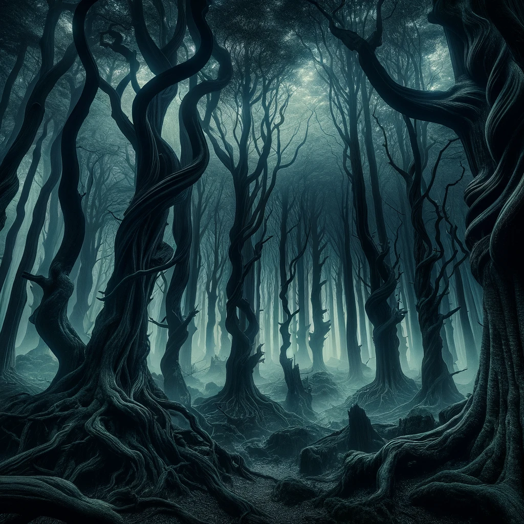 Mitsune forest is dark and gloomy and many kodamas are lurking in it. Article about Kodama - forest trees spirits and ghosts (youkai or kami) from Japanese mythology and folklore, known also from "Mononoke Hime" by Hayao Miyazaki.