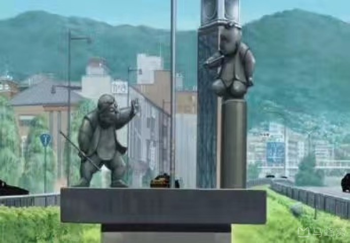 Japanese anime showing real sculpture on Gojo bridge in Kyoto, depicting the fight between Benkei and Ushiwakamaru from the Kamakura period of Japanese history. The legendary fight on Gojo bridge between a young samurai Ushiwakamaru (later Yoshitsune Minamoto) and old monk-soldier (sohei) Benkei in Kamakura period. History and culture of Japan and its influence on manga and anime.