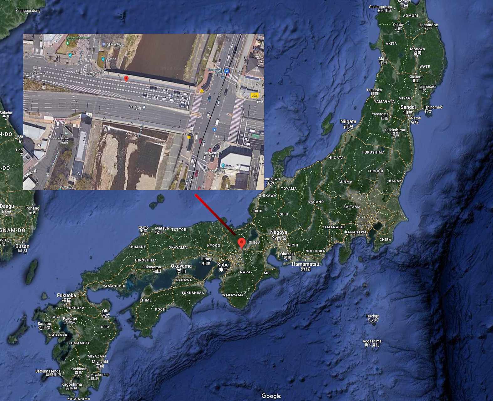 Gojo brudge, Kyoto, Japan - map of location where Ushiwakamaru fought Benkei. The legendary fight on Gojo bridge between a young samurai Ushiwakamaru (later Yoshitsune Minamoto) and old monk-soldier (sohei) Benkei in Kamakura period. History and culture of Japan and its influence on manga and anime.