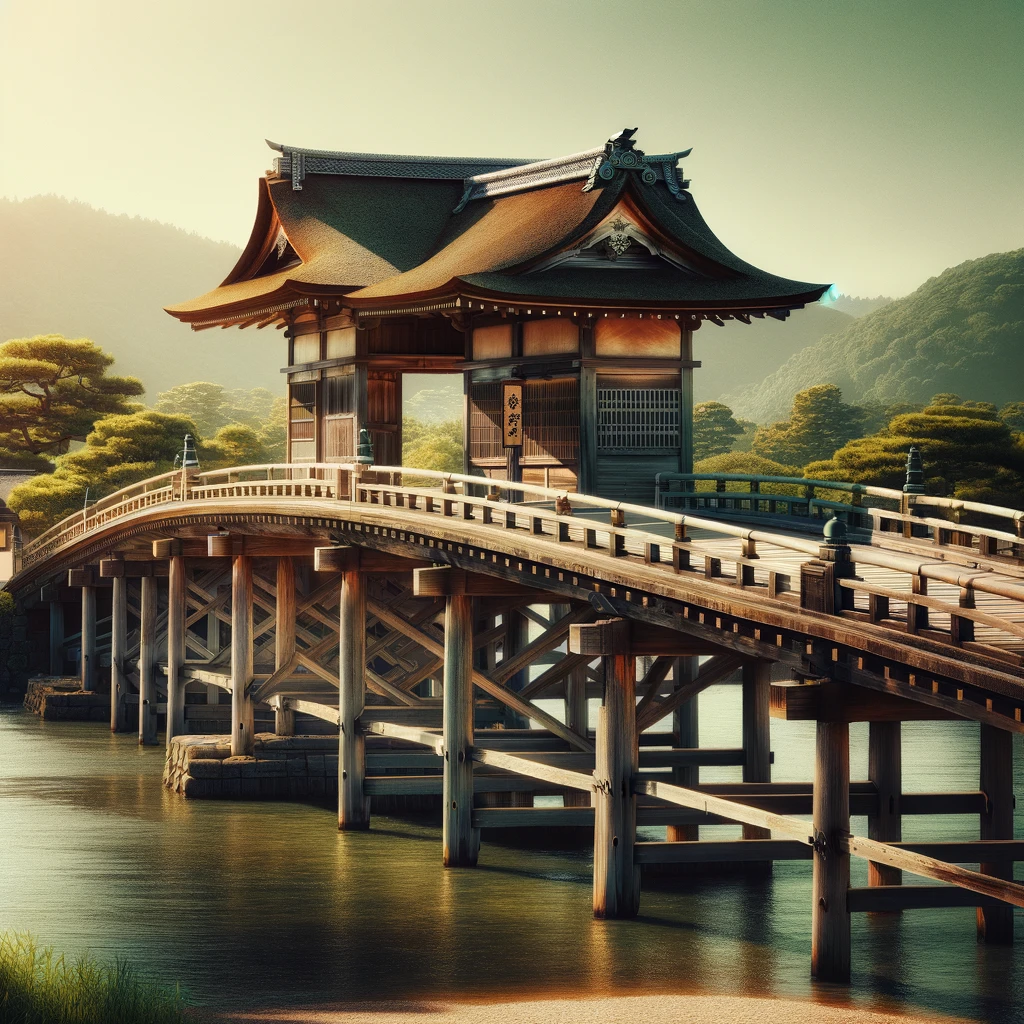 Gojo bridge as it looked in older times of Japan's kamakura period, Kyoto, Japan. The legendary fight on Gojo bridge between a young samurai Ushiwakamaru (later Yoshitsune Minamoto) and old monk-soldier (sohei) Benkei in Kamakura period. History and culture of Japan and its influence on manga and anime.
