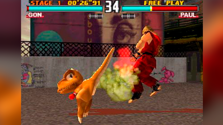 Gon uses "special power" in fight against Paul Pheonix in Tekken 3. Article / essay on Gon - small, yellow dinosaur from Japanese manga and anime by Masashi Tanaka that appeared on Namco's Tekken 3 on Playstation 1.