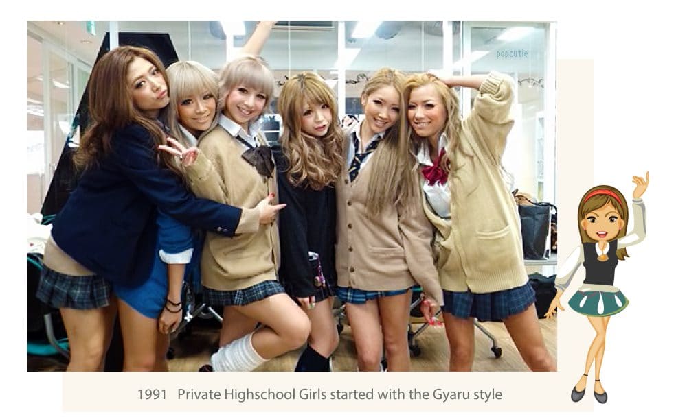 Gyaru girls posing to a photo on Harajuku streets of Tokyo, Japan. Article about modern Japn, Tokyo - fashion styles of Harajuku, such as Gyaru, Kawaii, Visual Key, Lolita, Gurokawa and others.