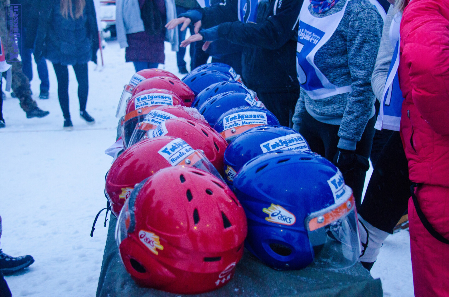 Yukigassen (Japanese snowball fight sport) equipment - helmets. Article about Japanese proffessional sport of snaball fight: Yukigassen originating from Sobetsu on Hokkaido, Japan.