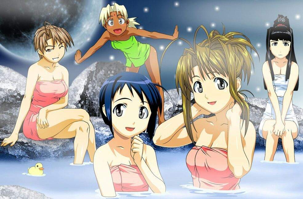 Japońskie anime Love Hina - scena w onsen. Esej o japońskich źródłach termalnych onsen. Jaka była historia onsen w klulturze Japonii, jakie są współczesne popularne onsen (Beppu, Dogo Onsen, Hakone Onsen itp). Występowanie onsen w anime, jak Spirited Away, Love Hina, Yu yu Hakosho, Dragon Ball, Onsen Yousei Hakone-chan, Totoro.