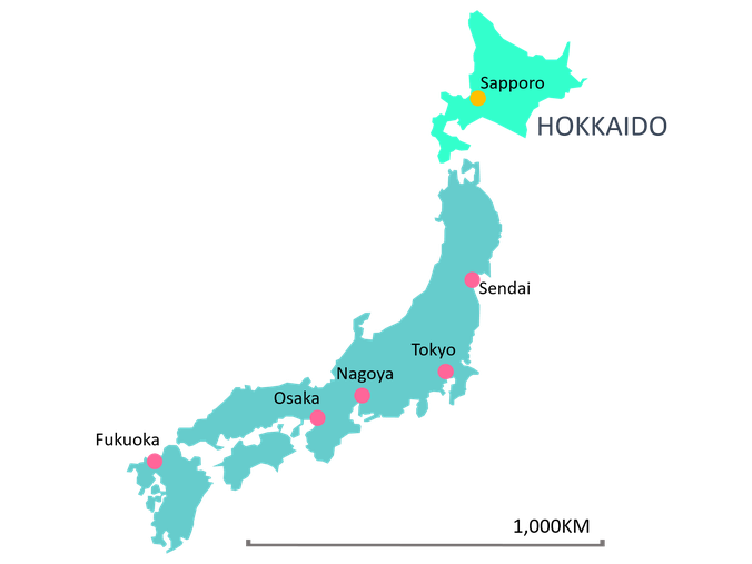 Map of Japan with marked Hokkaido island. Article about Japanese proffessional sport of snaball fight: Yukigassen originating from Sobetsu on Hokkaido, Japan.