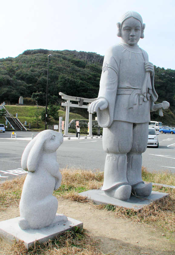Statue of the hare of Inaba and Okuninushi - Japanese folklore legends. Essay about the har (rabbit/bunny) symbol and troppe in Japanese culture and history, legends and mythology of Japan in opposition to Easter tradition of Europe. Hare in Japanese folklore, anime, manga, video games.