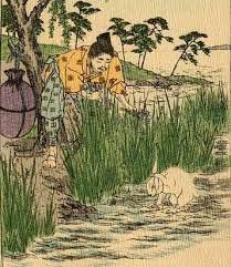 Okuninushi (Japanese kami) helping out the hare of Inaba. Japanese folklore and legends. Essay about the har (rabbit/bunny) symbol and troppe in Japanese culture and history, legends and mythology of Japan in opposition to Easter tradition of Europe. Hare in Japanese folklore, anime, manga, video games.