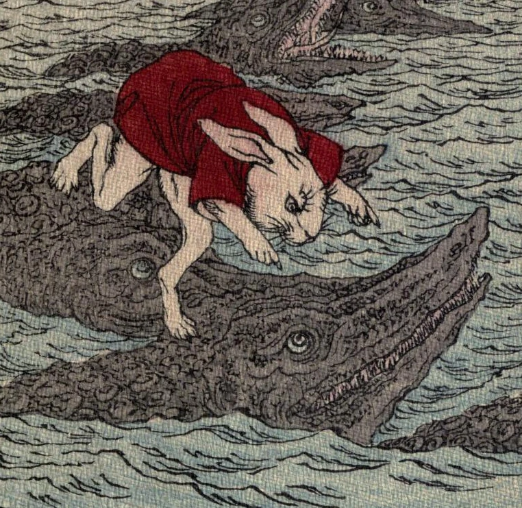 Last shark pissed off on the hare of Inaba - Legend of Inaba Hare in Japanese folklore. Essay about the har (rabbit/bunny) symbol and troppe in Japanese culture and history, legends and mythology of Japan in opposition to Easter tradition of Europe. Hare in Japanese folklore, anime, manga, video games.