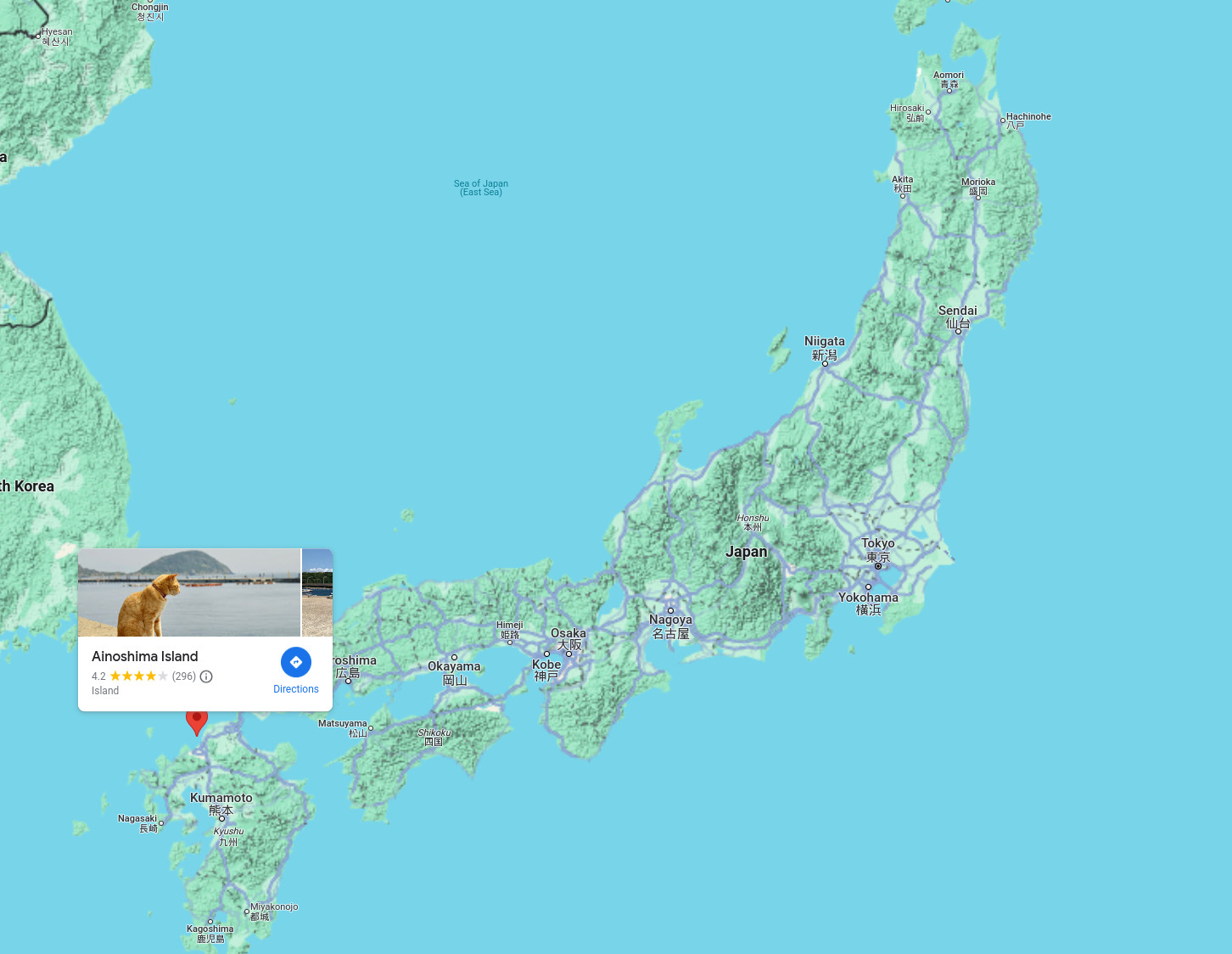 Ainoshima - the island of cats in Japan, map. Article about cat island in Japan - Tashirojima. Island where cat population largely outnumbers human population. Has its own neko jinja cat shrine and even so called "Manga Island" with cat-shaped houses. Cats in Japan.