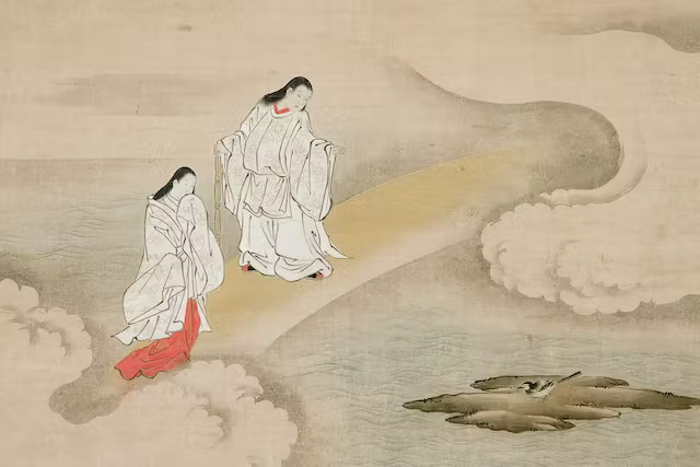 Izanami and Izanagi creating the Isle of Onogoro, first Japan's mythological Island. Essay about Japanese mythology: the myth about creation of Japan's Islands and its reflection in Japanese anime and manga.