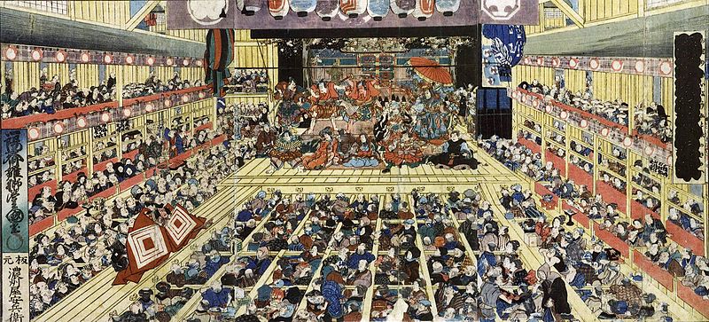 Japońska, średniowieczna rycina przedstawiająca duży teatr kabuki. Nō, Kyōgen i Kabuki - tradycyjne japońskie formy teatru - ich historia, współczesne oblicze oraz wpływ na japońską mangę i anime.
