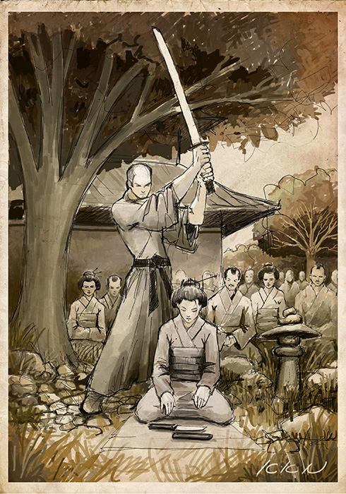 Kaishakunin - obraz japoㅜ나ㅑ. Esej o tradycyjnym samobójstwien honorowym w Japonii - seppuku i hara-kiri. Historia honorowych samobójstw seppuku wśród samurajów średniowiecznej Japonii.