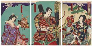 Lord Kiso and Tomoe Gozen - Japan's history. Essay about Tomoe Gozen - woman samurai (onna-bugeisha) from ancient Japan (Heian Period, 12 century). Female samurais in Japanese history. Documented by Heiko Monogatari.