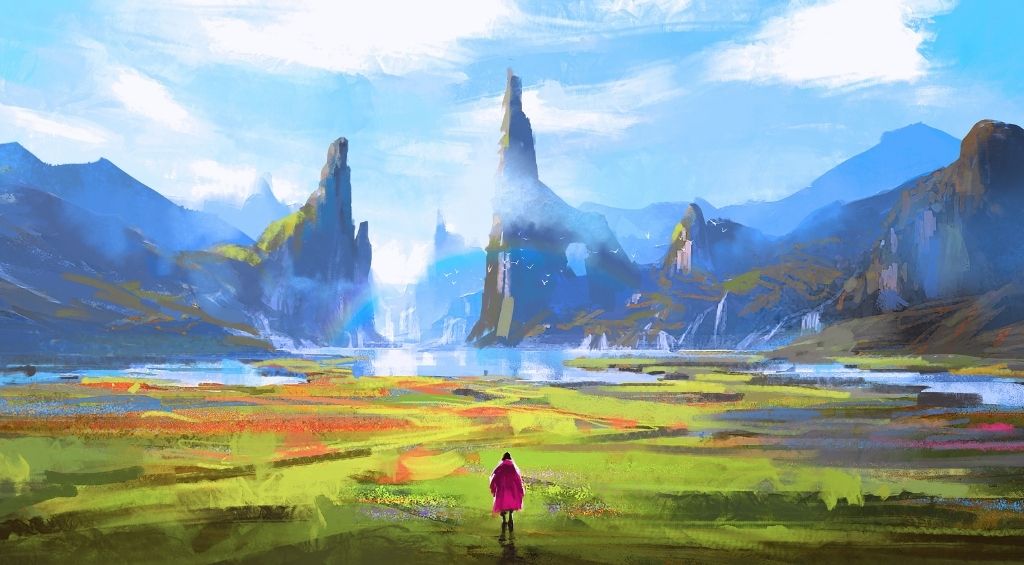 Obraz krajobrazu z anime isekai, Japonia. Esej o gatunku isekai (inny świat) w japońskich mangach i anime. Isekai takie, jak Digimon, Overlord, Re:Zero czy Sword Art Online.