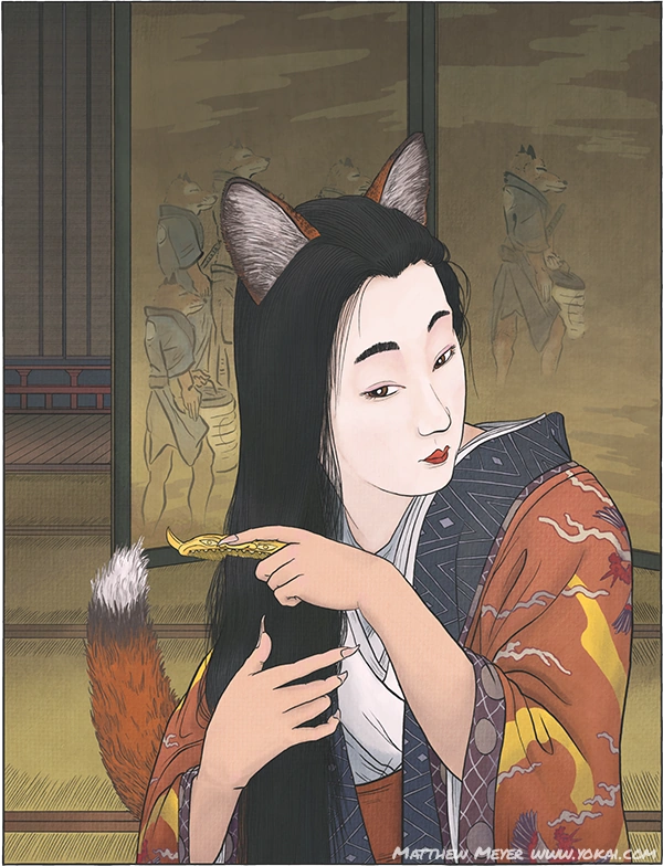 Kitsune - japoński zwodniczy youkai. Artykuł o mitologicznym lisie Kitsune z japońskiego folkloru i wierzeń shinto oraz legenda Legenda Tamamo no Mae.