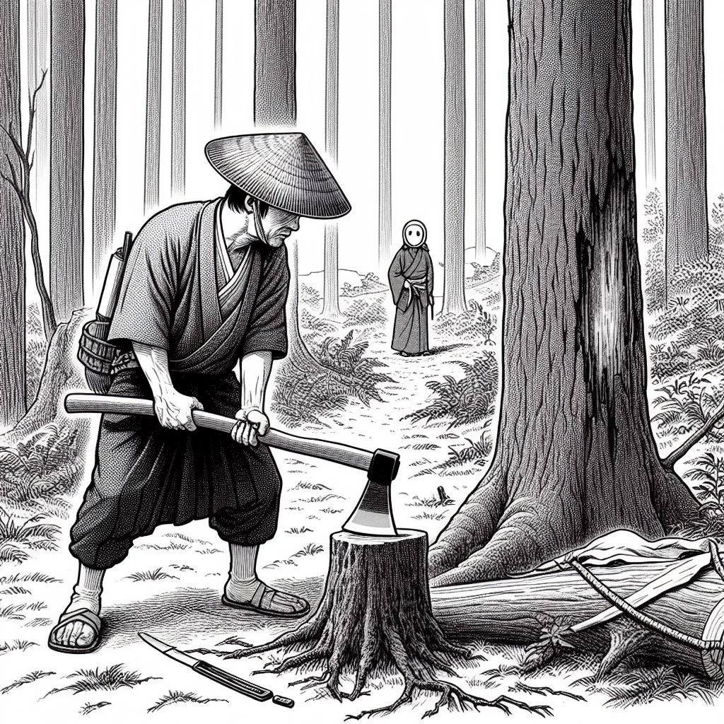 Sato cutting down trees in Aogashima - kodamas are watching. Article about Kodama - forest trees spirits and ghosts (youkai or kami) from Japanese mythology and folklore, known also from "Mononoke Hime" by Hayao Miyazaki.