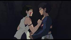 San and Ashitaka scene in Japanese anime "Mononoke Hime" by Hayao Miyazaki from Studio Ghibli. Article / essay about Japanese anime Mononoke Hime ("Princess Mononoke") by Hayao Miyazaki in Studio Ghibli. What is the meaning of San (Mononoke) and what values does this character convey?