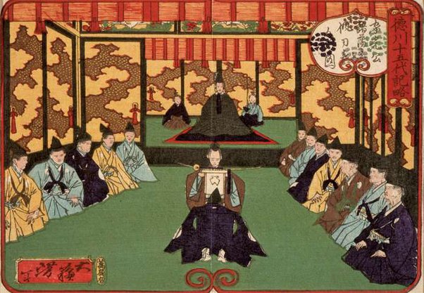 Samuraki pledging loyalty according to majime ideals - Japanese drawing from Edo period. Essay about the Japanese concept of Majime. How it affects Japanese culture, society, history, art and manga and anime, as well as Japanese games. Majime standing behind Japanese social issues.