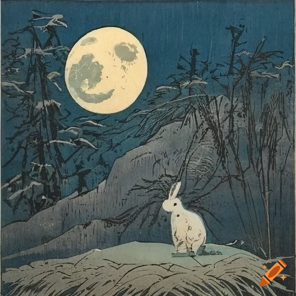 The hare and the Moon - Japanese art. Essay about the har (rabbit/bunny) symbol and troppe in Japanese culture and history, legends and mythology of Japan in opposition to Easter tradition of Europe. Hare in Japanese folklore, anime, manga, video games.