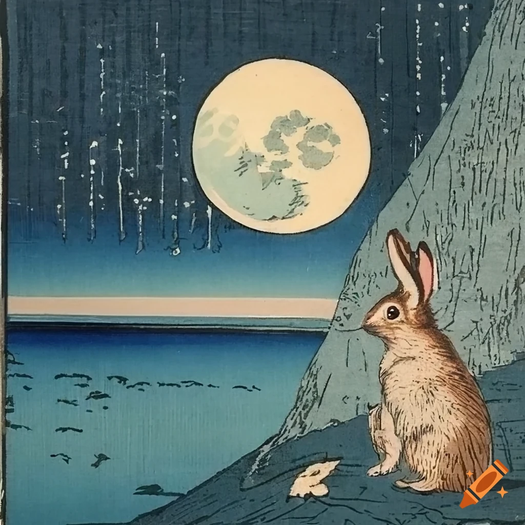 Japanese art of ukiyo-e - hare looking at the moon. Essay about the har (rabbit/bunny) symbol and troppe in Japanese culture and history, legends and mythology of Japan in opposition to Easter tradition of Europe. Hare in Japanese folklore, anime, manga, video games.