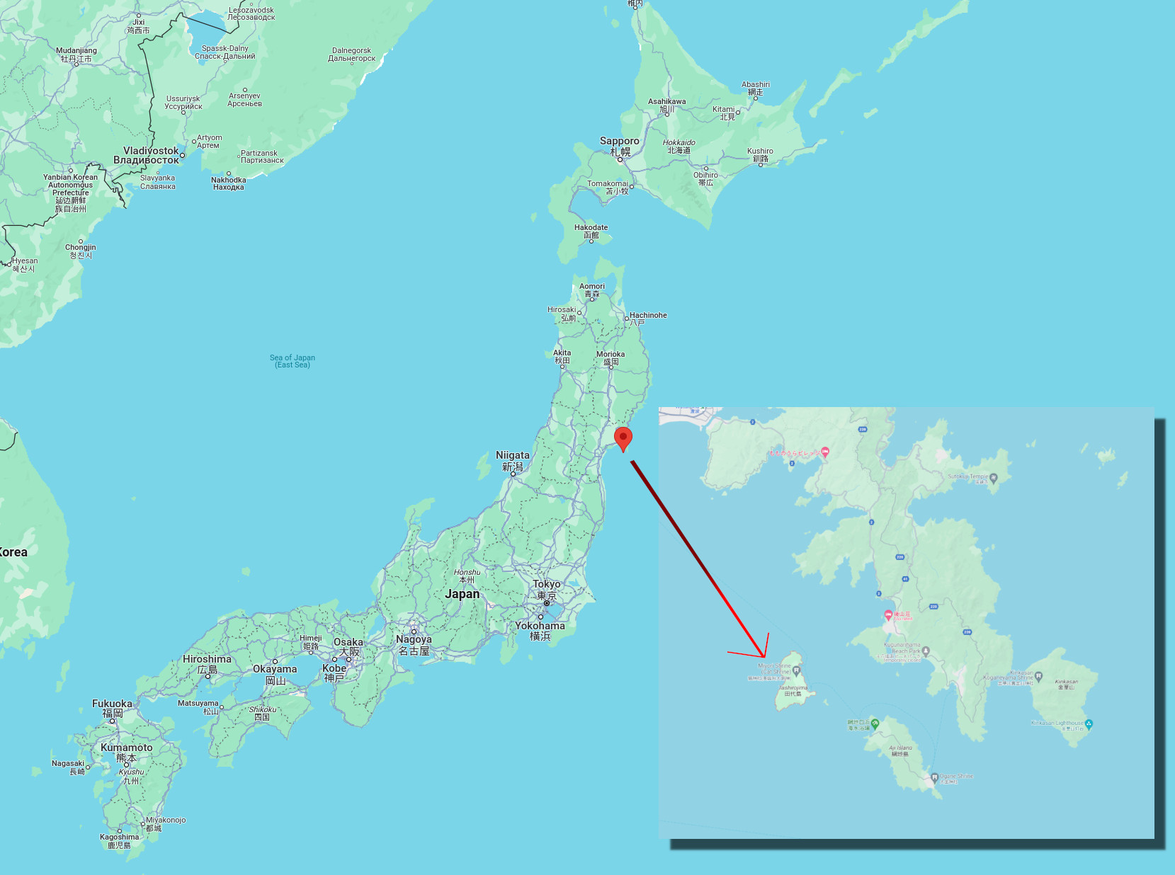 Map of Japan with location of Tashirojima - island of cats in Japan. Article about cat island in Japan - Tashirojima. Island where cat population largely outnumbers human population. Has its own neko jinja cat shrine and even so called "Manga Island" with cat-shaped houses. Cats in Japan.