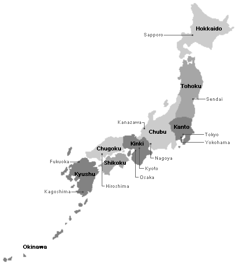 Map of Japan with Japanese prefectures. Article about Kodama - forest trees spirits and ghosts (youkai or kami) from Japanese mythology and folklore, known also from "Mononoke Hime" by Hayao Miyazaki.