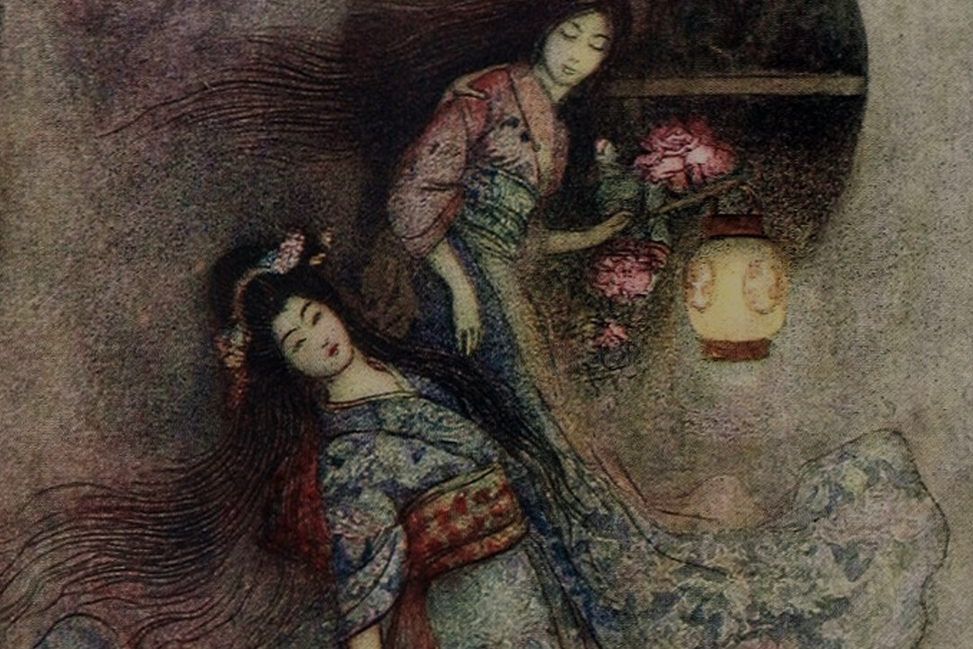 Drawing from Japanese kwaidan (horror ghost story) about peony lantern and love between Ogiwara and Otsuyu. Article about one the the Three Great Ghost Stories of Japan, a kwaidan about Peony Lantern - horror about love between Ogiwara and Otsuyu. Japanese history and culture in essays.