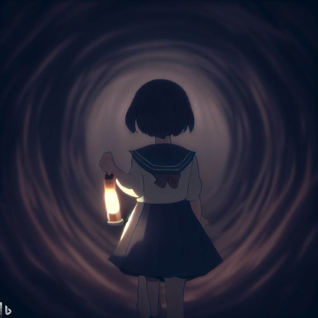 Manga style girl goes into black, dark tunnel Article about horror in Japanese manga and anime - modern Japan's culture