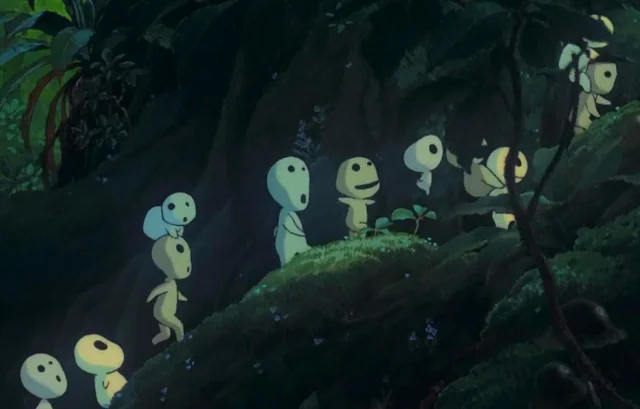 Kodamas going through the forest in Mononoke Hime by Hayao Miyazaki. Article about Kodama - forest trees spirits and ghosts (youkai or kami) from Japanese mythology and folklore, known also from "Mononoke Hime" by Hayao Miyazaki.