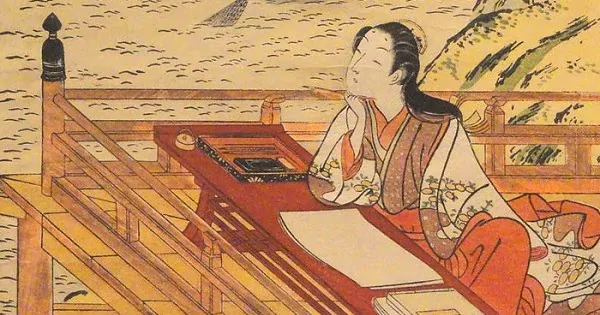 Sei Shonagon, Japanese female writer on a ukiyo-e painting. Essay about Sei Shonagon, a Japanese female poet from Heian period, author of the Makura no Soshi - how to learn mono no aware and wabi sabi from her. Japanese literature and history.