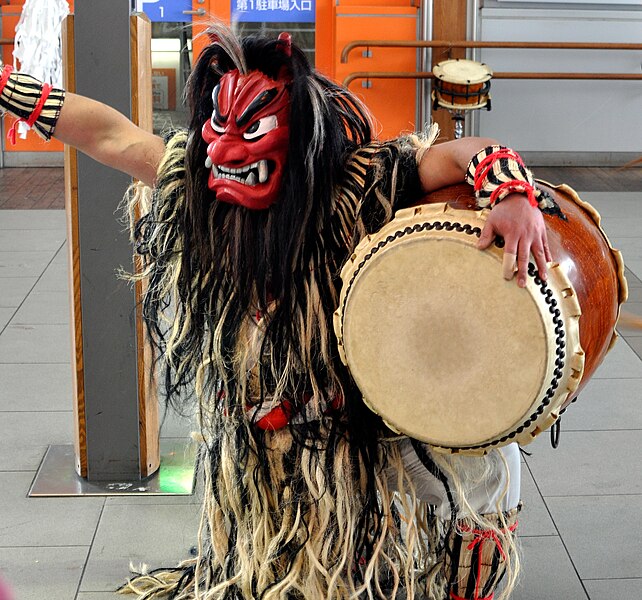 Nahagae playing taiko, Akita, Japan. Article about Japanese New Year's customs from remote snowy Akita New Year customs - Namahage. Dark Namahage presence in New Year's day, their history, mythology behind it and role in modern Japan, manga, anime and video games.