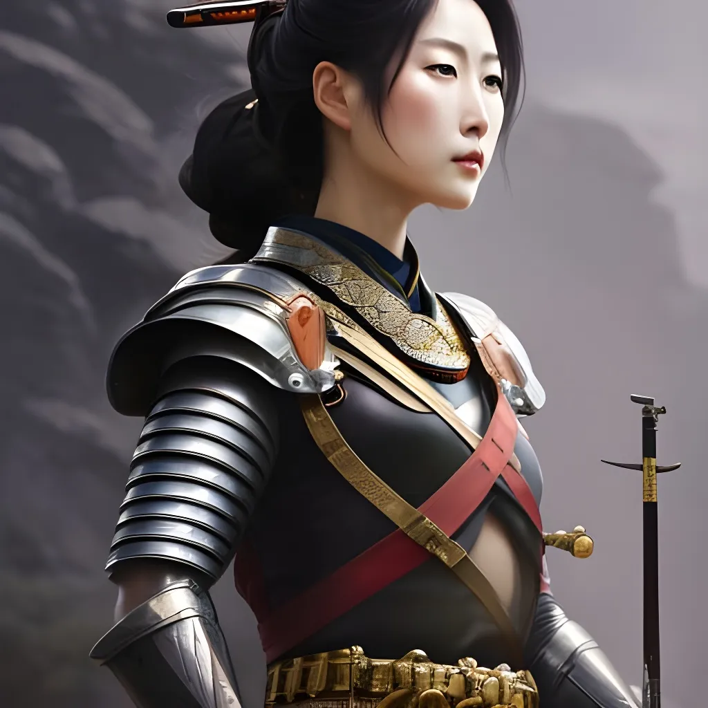 AI generated portrait of female samurai Tomoe Gozen, onna-bugeisha in Japan's history. Essay about Tomoe Gozen - woman samurai (onna-bugeisha) from ancient Japan (Heian Period, 12 century). Female samurais in Japanese history. Documented by Heiko Monogatari.