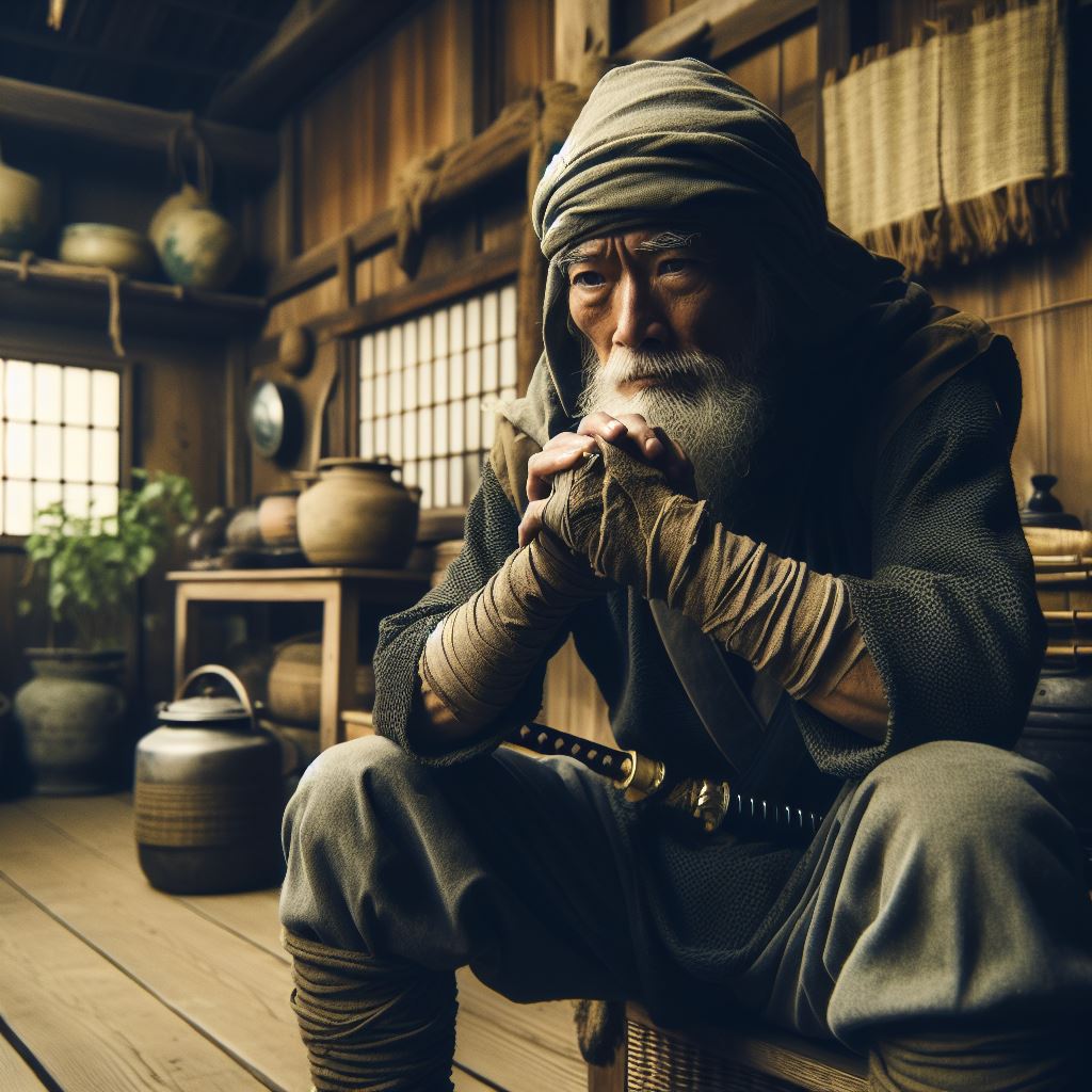 Ninja w stroju wieśniackim - obraz generowany AI 10 prawd historycznych o Samurajach, jako japońskiej klasie społecznej - jaki był prawdziwy samurai?