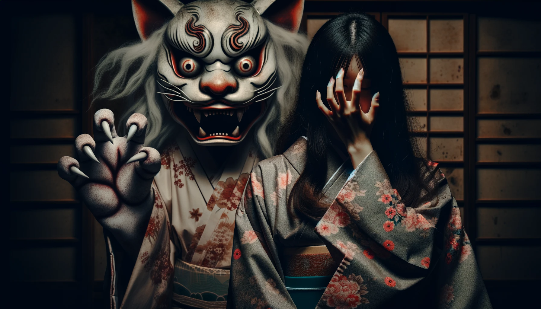 Bakeneko from Nabeshima - mythological creatures from Japan: bakeneko as demon cat, youkai. Essay on dark cat demons (youkais) from Japanese mythology and shintoistic beliefs - Bakeneko. Bakeneko in culture and histpory of Japan, its role in Japanese manga, anime and games.