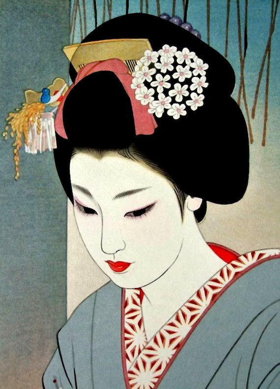 Japanese drawing of a geisha, Edo period. Article about 20 century most famous geisha Mineko Iwasaki. Geishas as artisans and keepers of Japanese culture and tradition. Mineko Iwasaki standing against Arthur Golden regarding defamation case in Memoirs of Geisha.