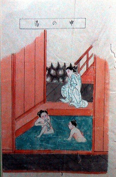 Malowidło japońskie z okresu Edo - gorące źródła onsen. Esej o japońskich źródłach termalnych onsen. Jaka była historia onsen w klulturze Japonii, jakie są współczesne popularne onsen (Beppu, Dogo Onsen, Hakone Onsen itp). Występowanie onsen w anime, jak Spirited Away, Love Hina, Yu yu Hakosho, Dragon Ball, Onsen Yousei Hakone-chan, Totoro.